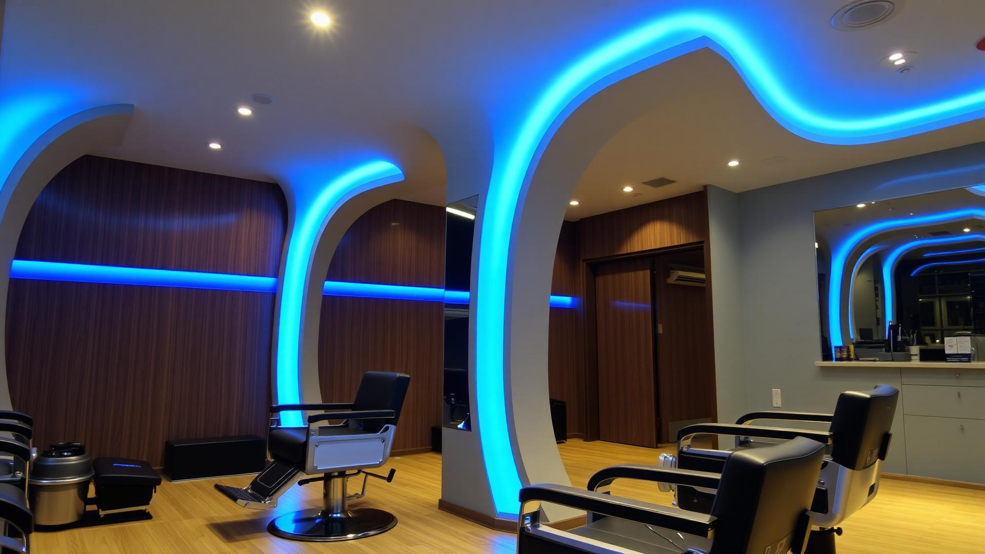 Barbearia moderna com iluminação azul
